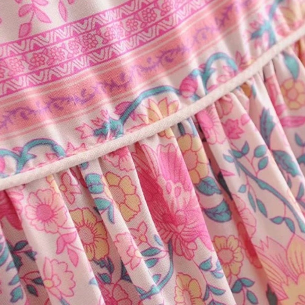 Babydoll Boho Floral Gypsy 70s Print Dress Pink - Picture 10 of 11